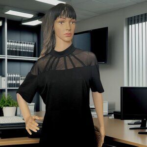 SHEIN Black Peplum Top with Sheer Detailed Neckline: 1X